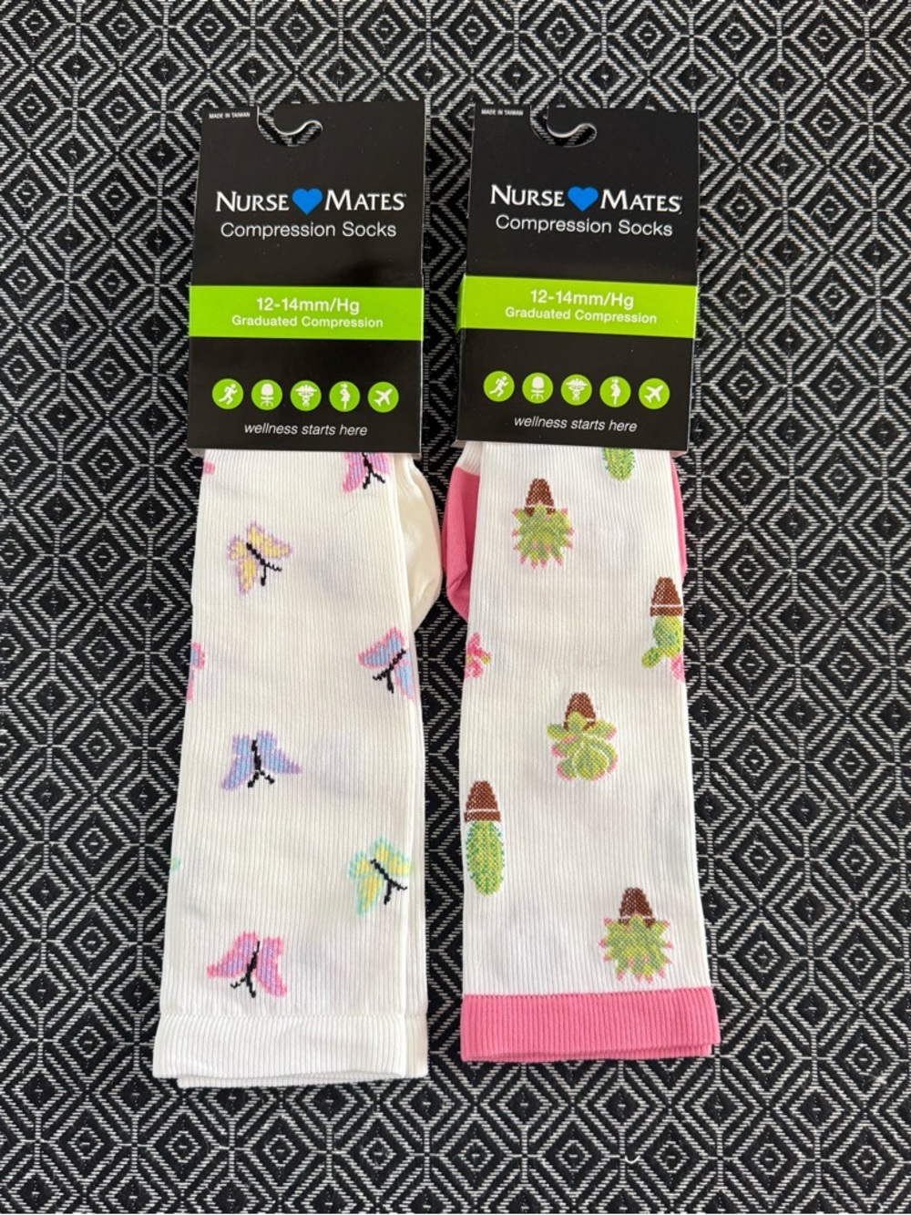 NWT Nurse Mates White Compression Socks with Colorful Prints Set of 2 Pairs